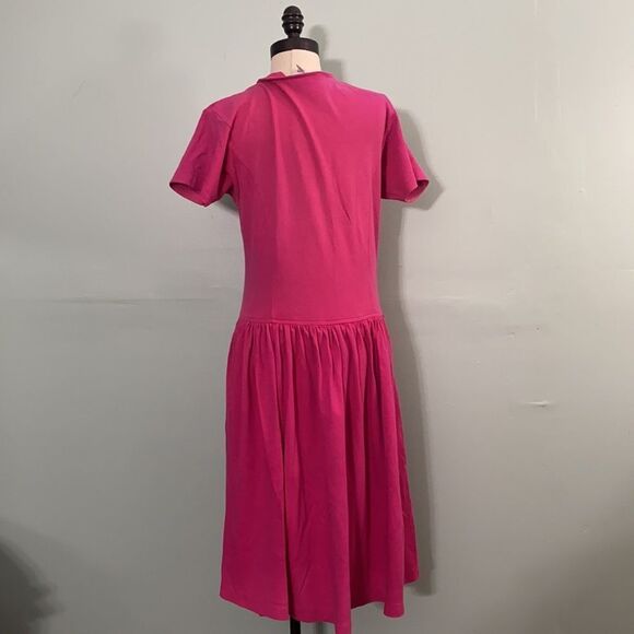 Vintage 80s Pink Cotton Button Front Drop Waist Dress - Picture 3 of 5